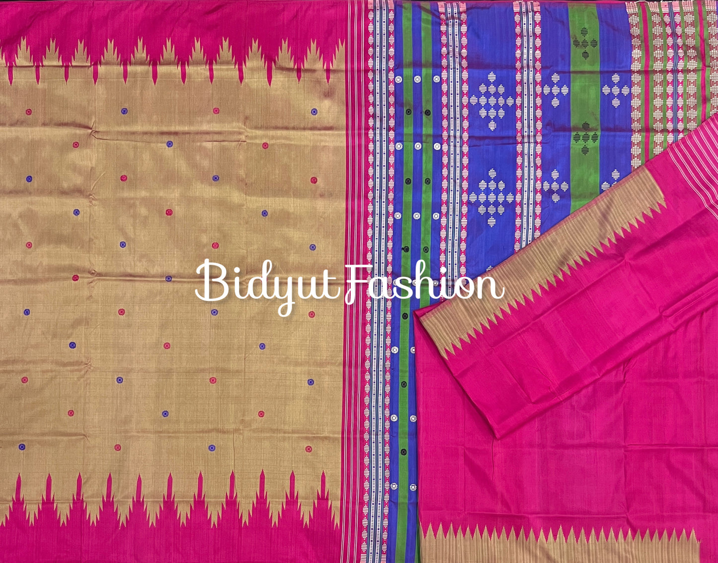 Berhampuri Double Palla Silk Saree — Beige | Odisha Handloom Patta Silk