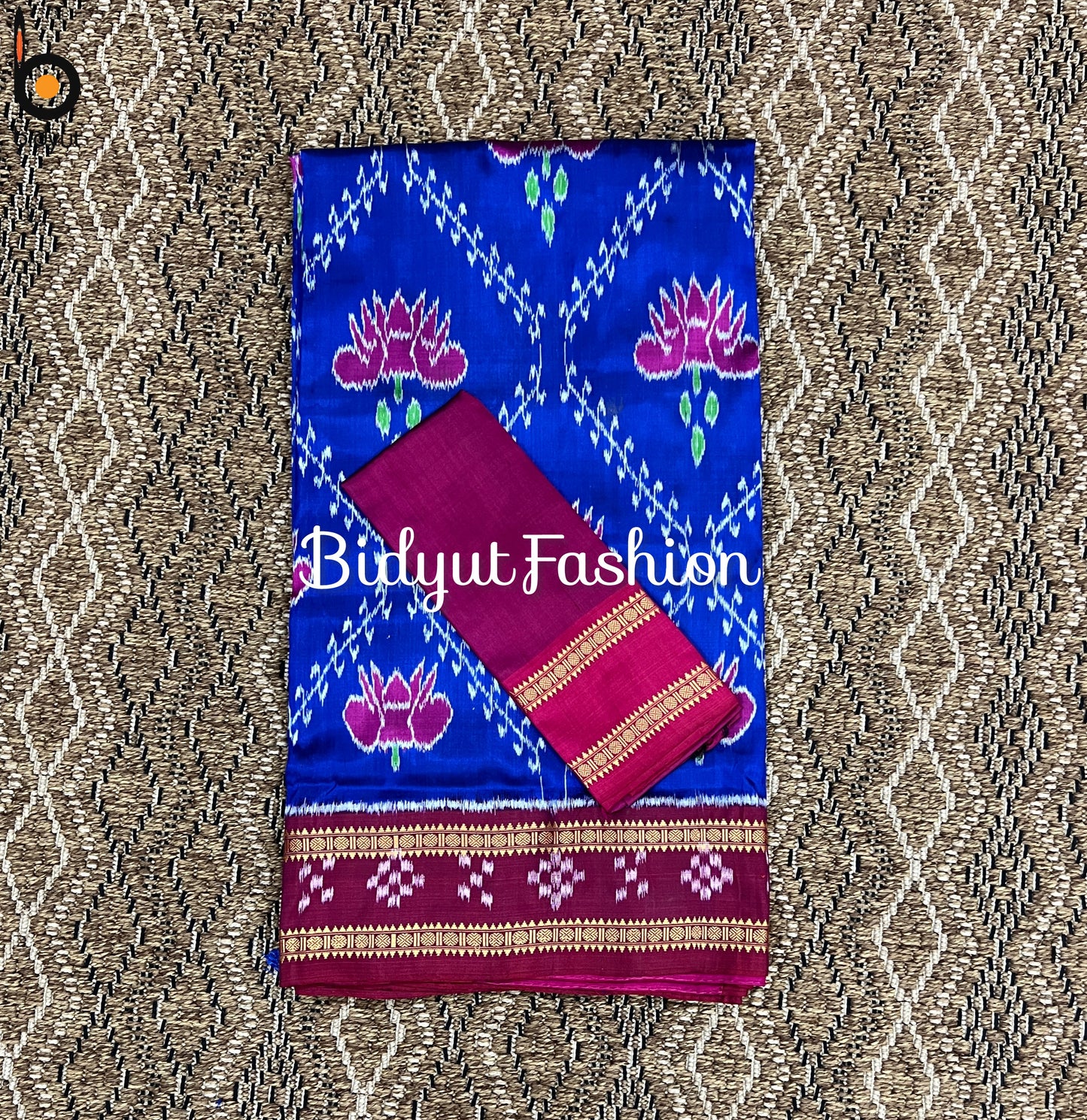 Handlooms of Odisha Nuapatna Lotus motif Ikat Silk Saree Blue color