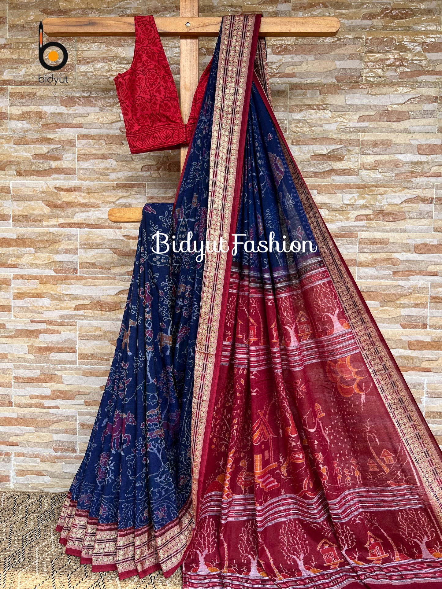 Handlooms of Odisha Sambalpuri Ikat Wild Tapestry Vana Chitta Aranya motif cotton saree Blue color