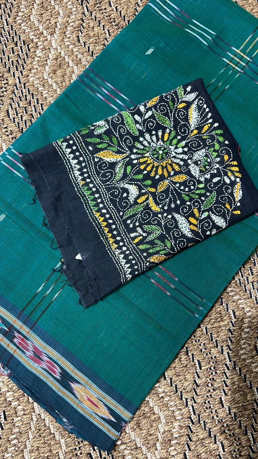 Handlooms of Odisha Jagatsinghput Suta Ikat Cotton Saree Green color