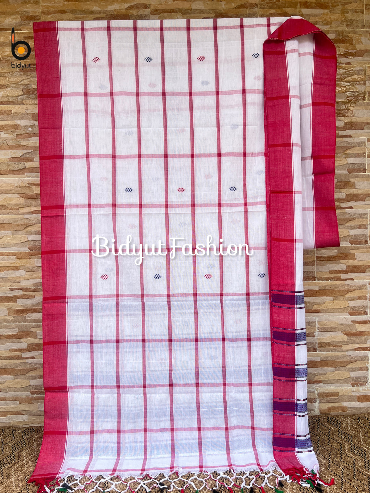 Handlooms of Odisha Santhal Tribal Cotton Saree white in red color