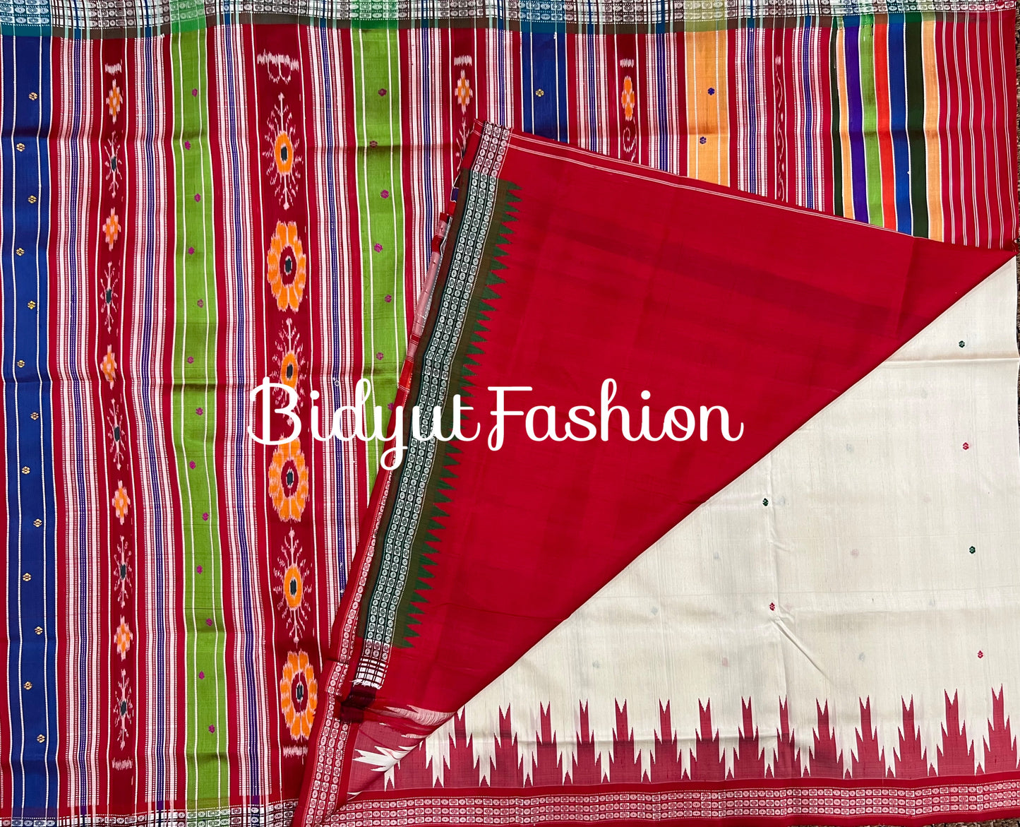 Handlooms of Odisha Berhampuri Double Palla Ganga Jamuna border Silk Saree white color