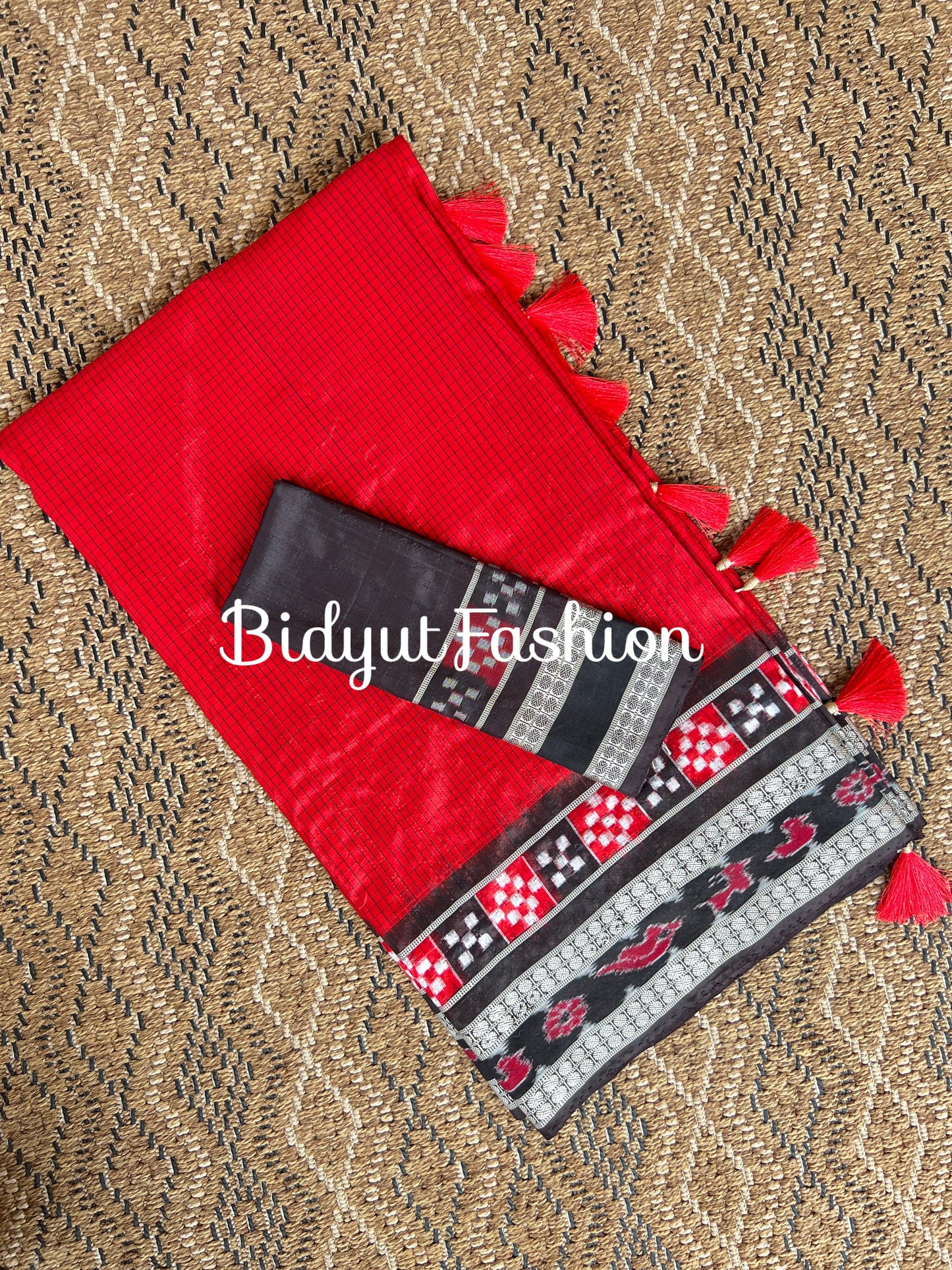 Handlooms of Odisha Sambalpuri Double Ikat border check body Silk Saree red color