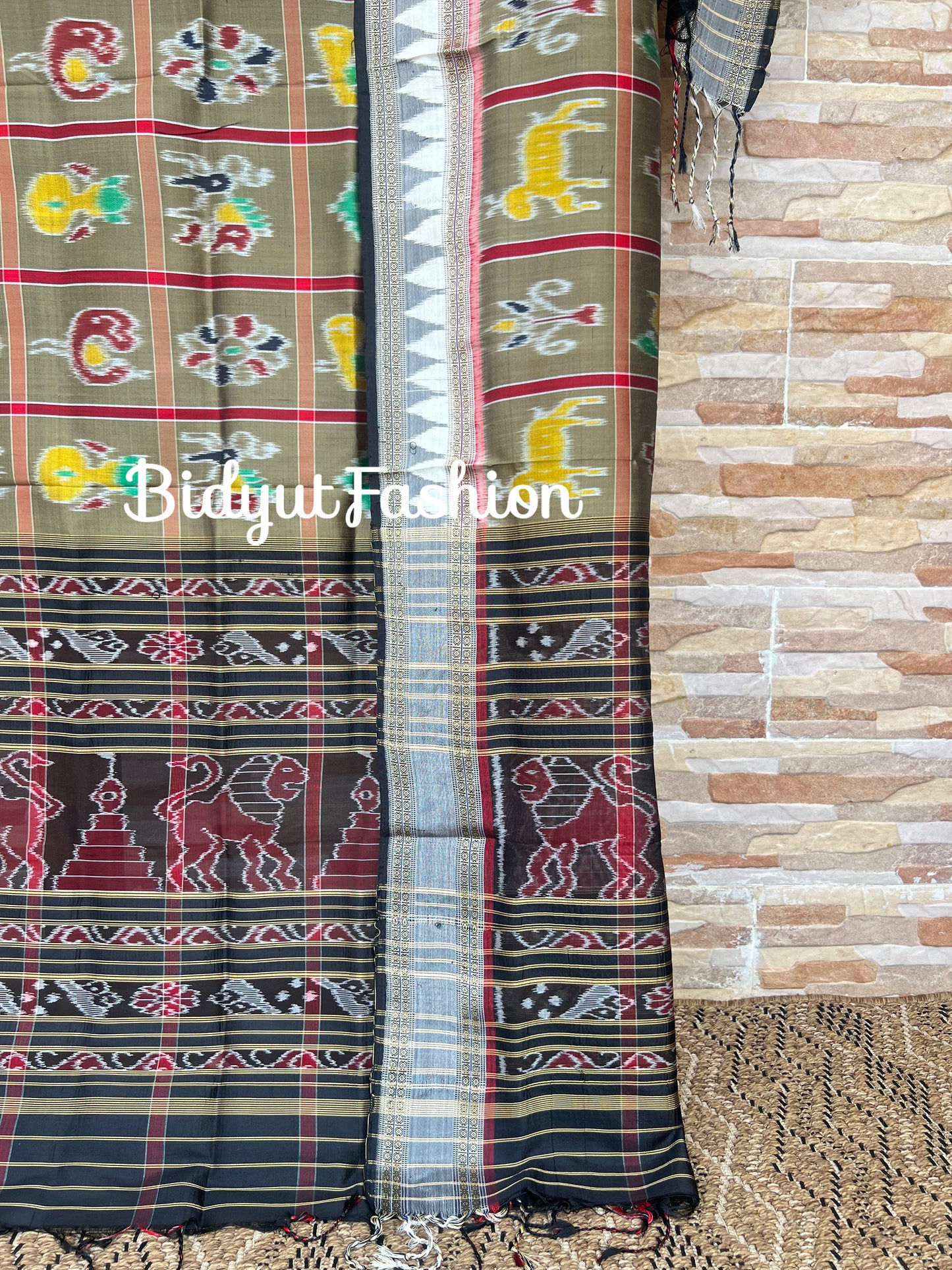 Handlooms of Odisha Nabakothi Ikat Silk Dupatta Olive Green color