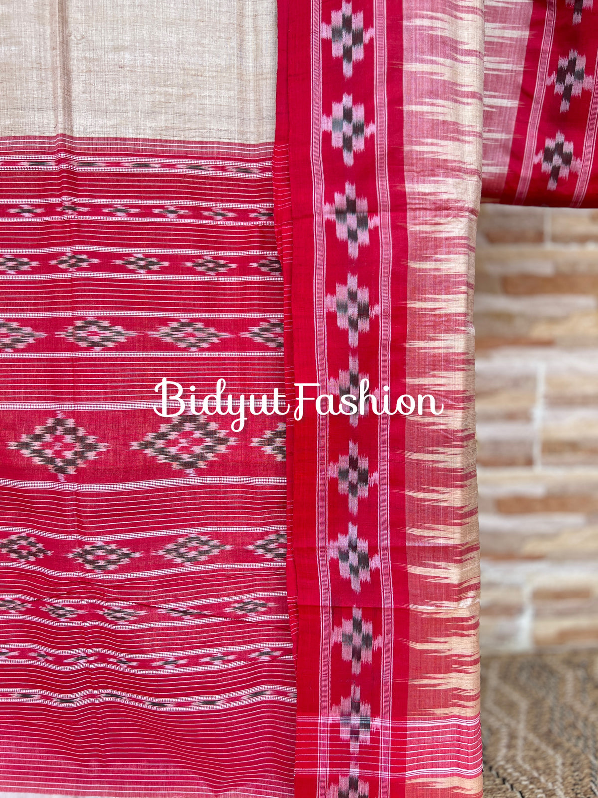 Handlooms of Odisha Gopalpur Ikat Tussar Silk Saree Beige Red color