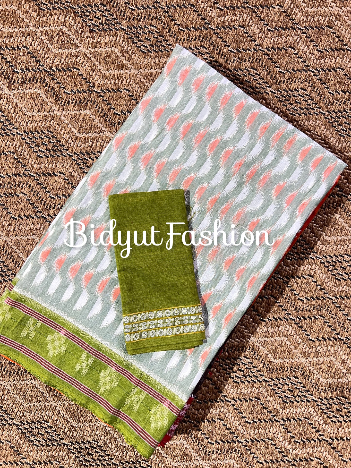 Odisha handloom Nuapatna Maniabandha Ikat Cotton Saree Olive Color