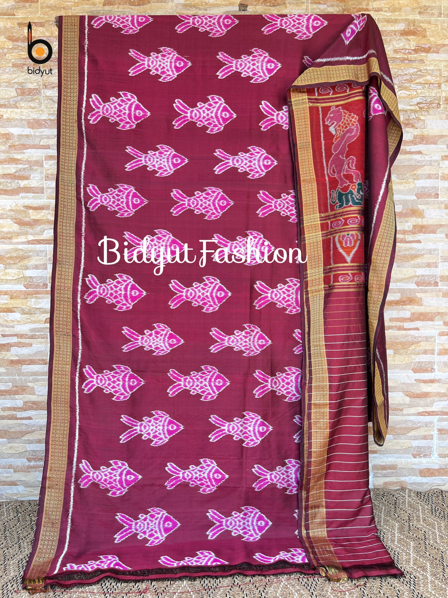Handlooms of Odisha Nuapatna Ikat Silk Saree Meena Fish motif Maroon color