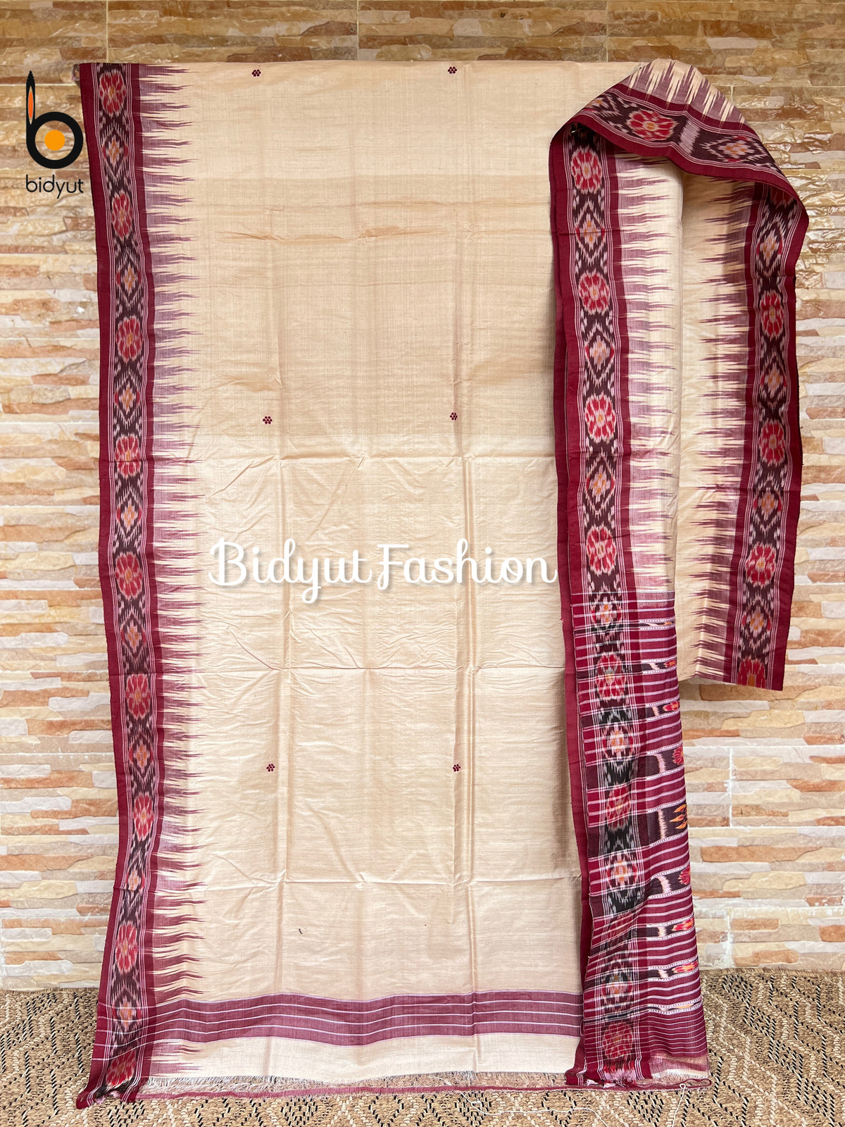 Handlooms of Odisha Gopalpur Ikat Tussar Silk Saree Beige Burgundy Color