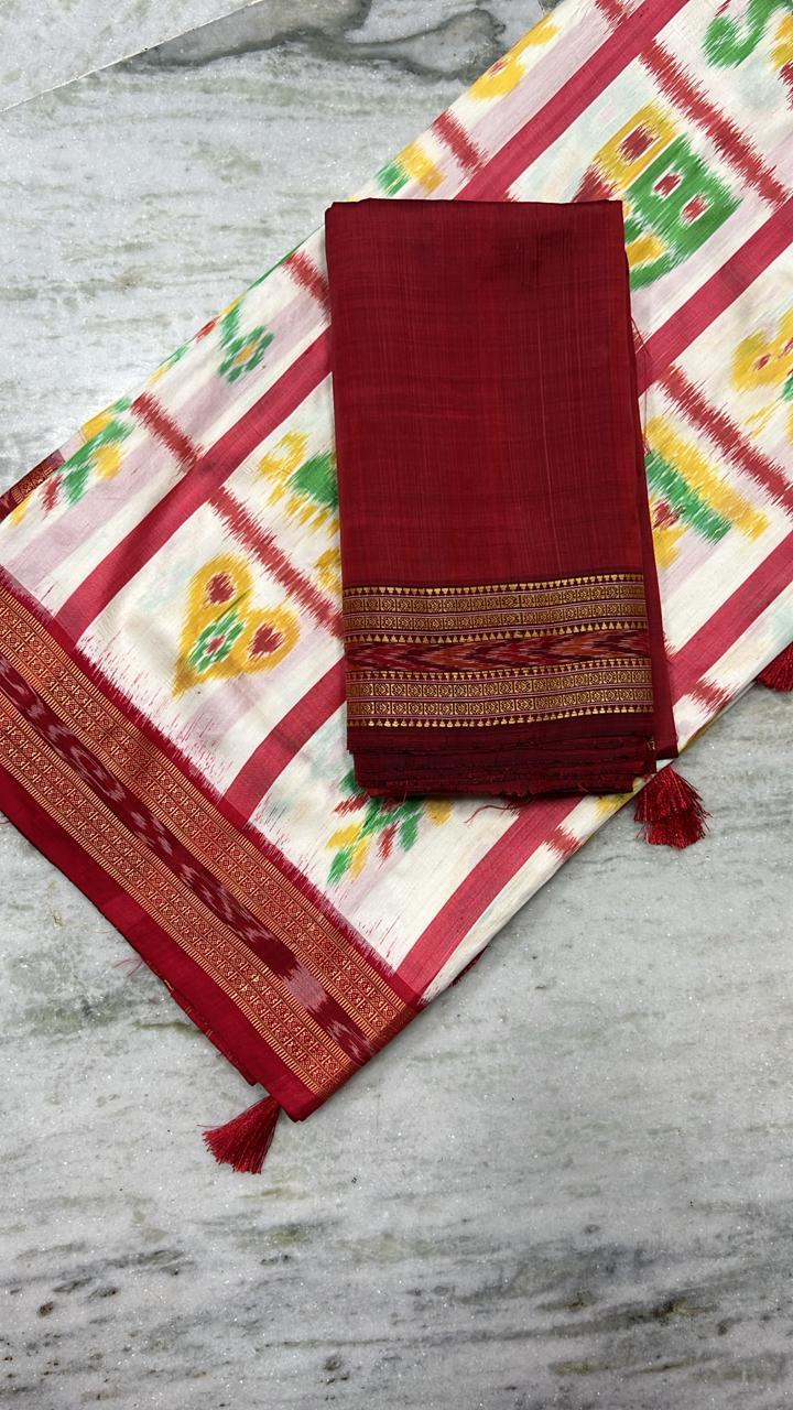 Handlooms of Odisha Nuapatna Khandua Nabakothi Ikat Silk Saree white color