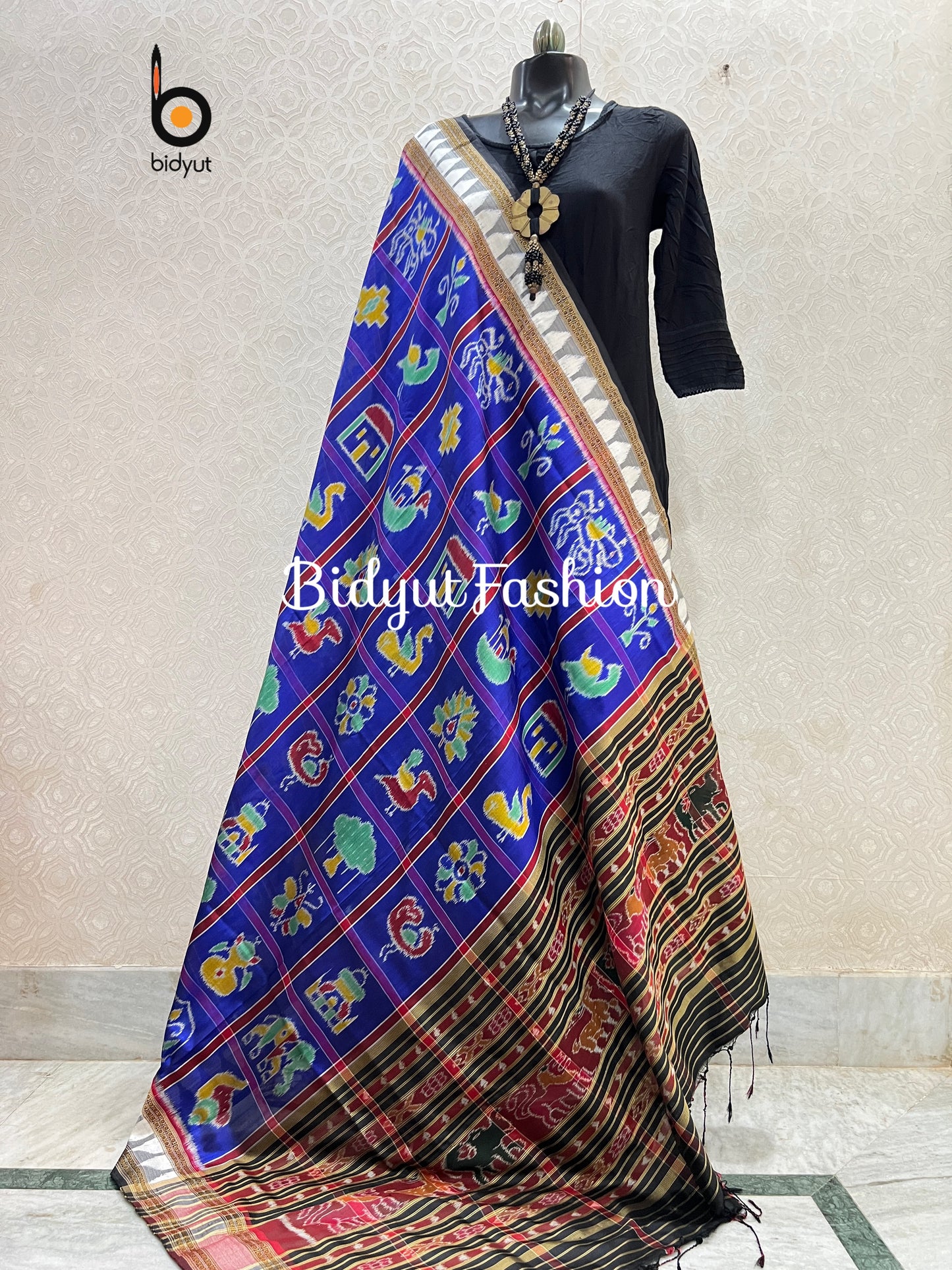 Blue Nabakothi Ikat Silk Dupatta | Odisha Handloom