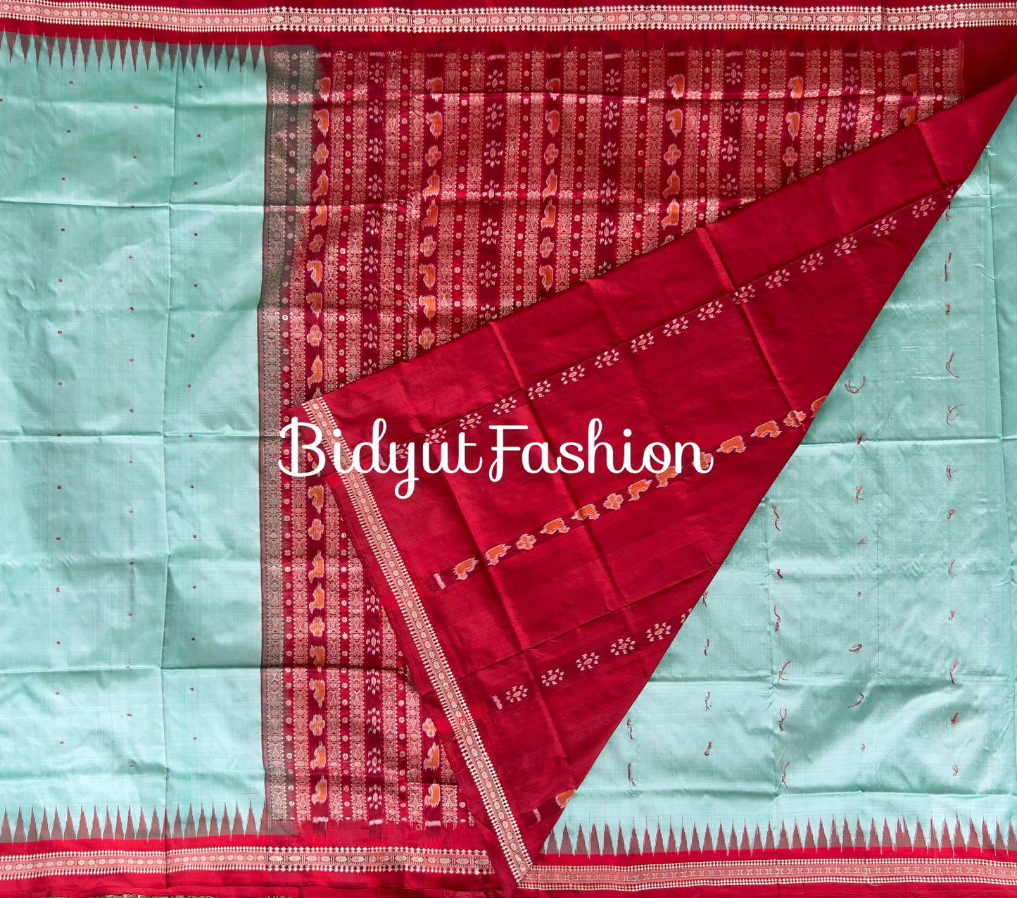Sambalpuri Silk Saree | Ek Phulia Ikat | Aqua & Red | Handwoven Odisha