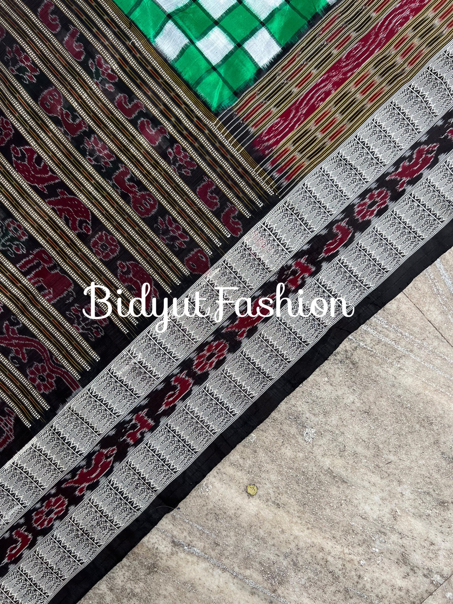 Handlooms of Odisha Sambalpuri Double Ikat Bichitrapuri Silk Saree Green color