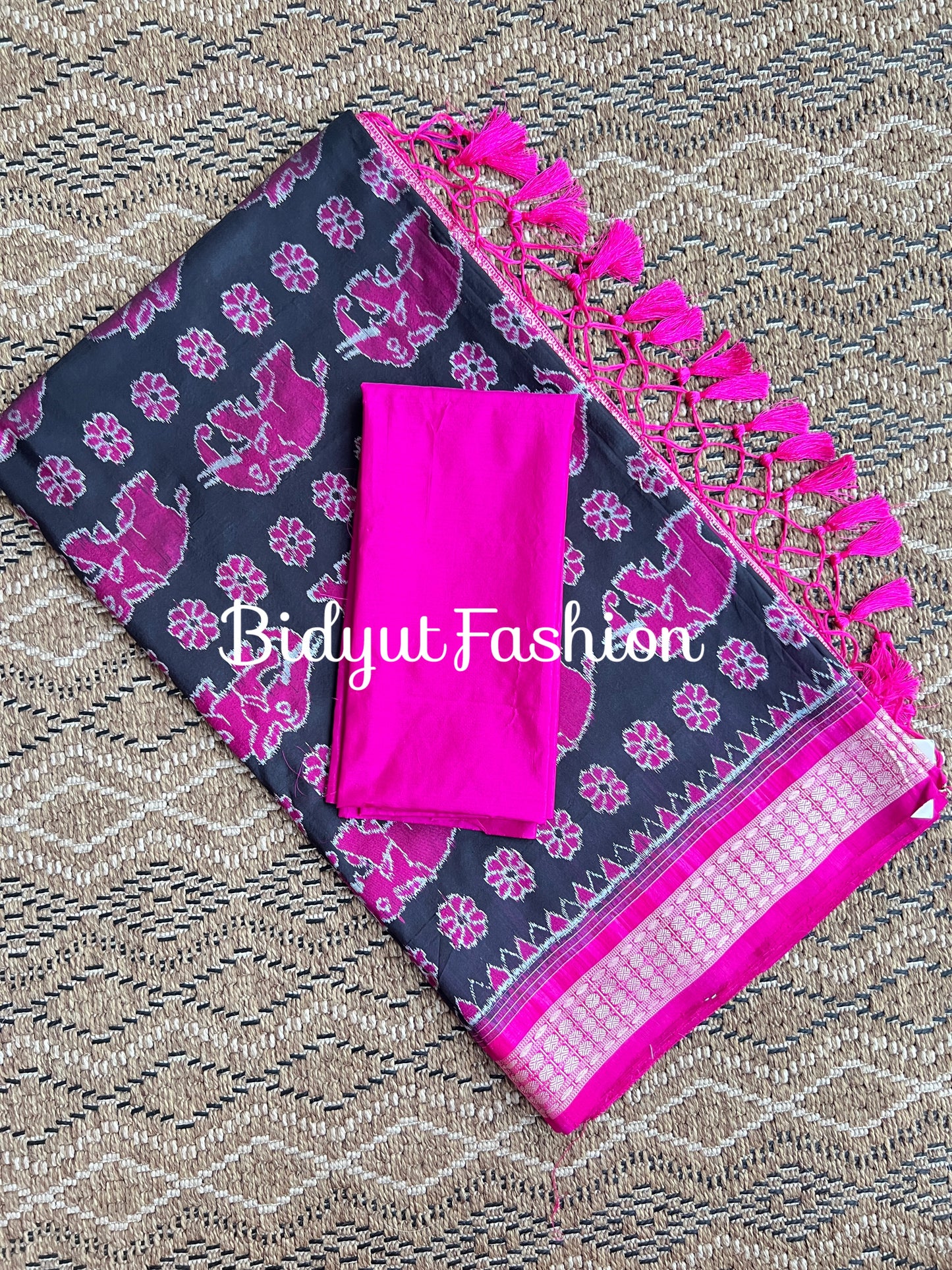 Handlooms of Odisha Sambalpuri Ikat Silk Saree Black & Magenta pink color
