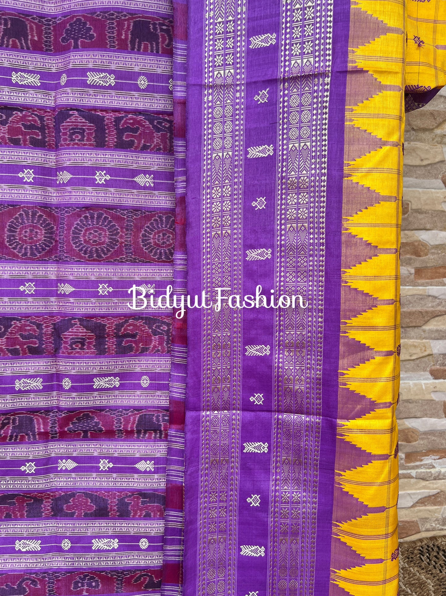 Royal Purple & Marigold Yellow Hazar Buti Silk Saree | Handwoven Odisha Sambalpuri Ikat Saree