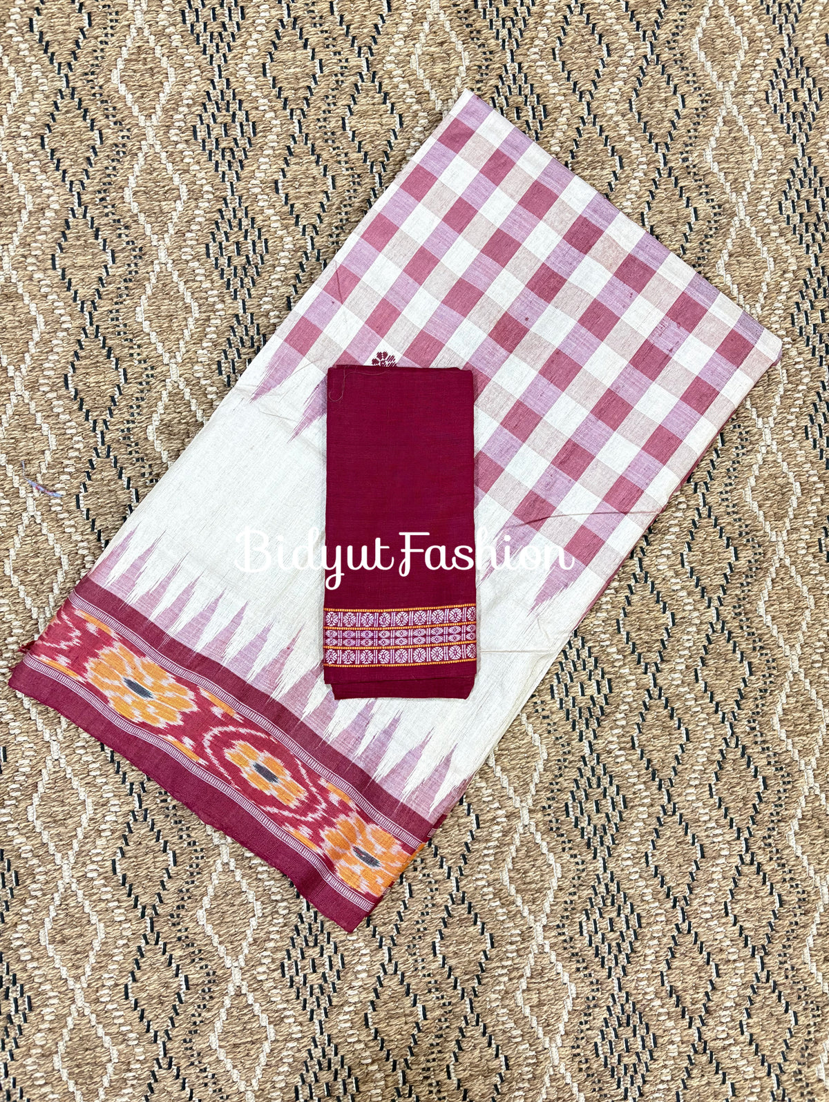 Handlooms of Odisha Santhal Tribal Tussar Silk body check Ikat Saree Beige with burgundy