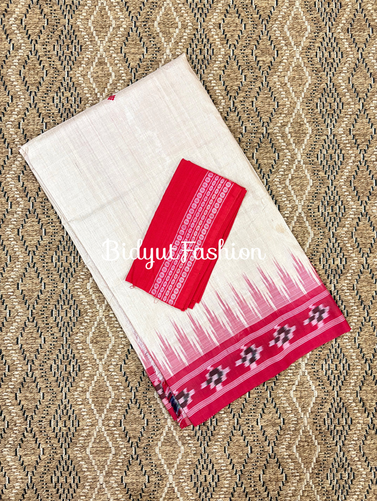 Handlooms of Odisha Gopalpur Ikat Tussar Silk Saree Beige red color