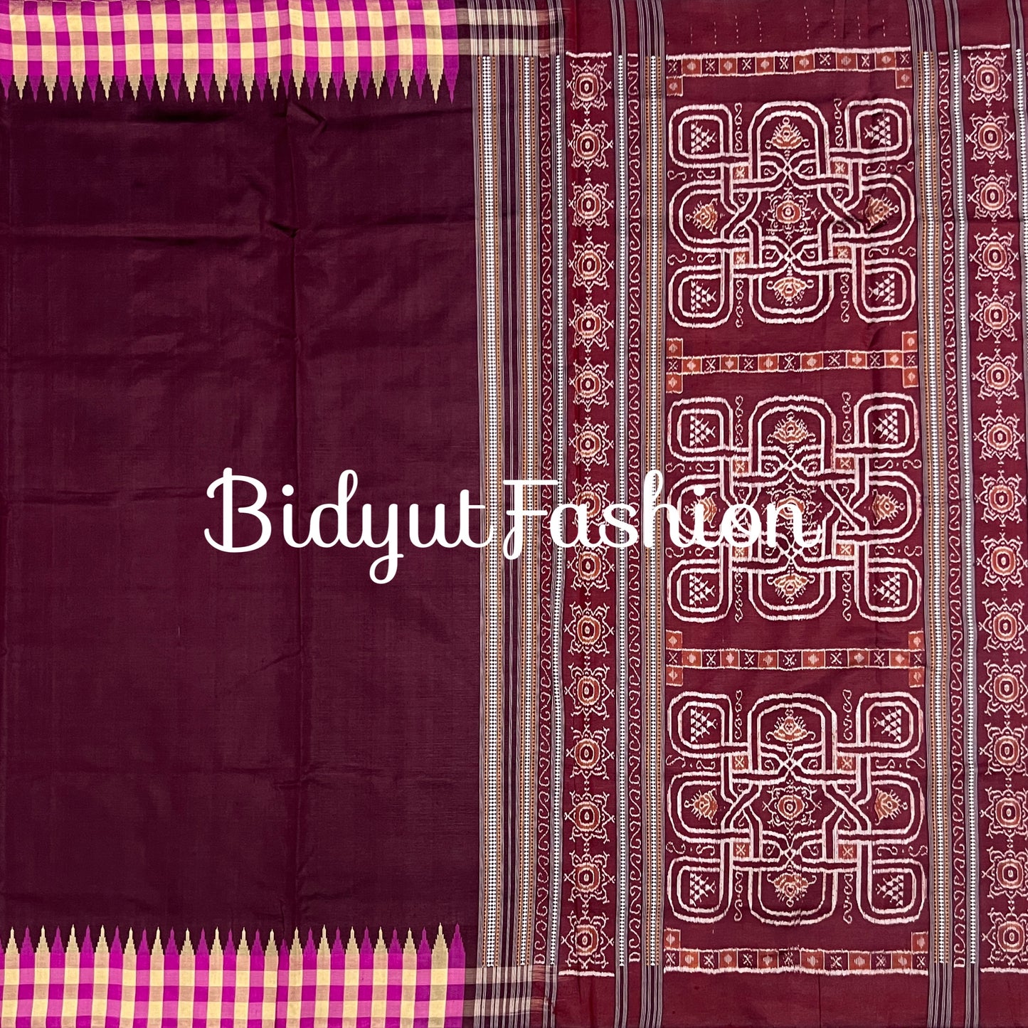 Handlooms of Odisha Sambalpuri Phoda Kumbha Ikat Tussar Silk saree Dark Maroon color