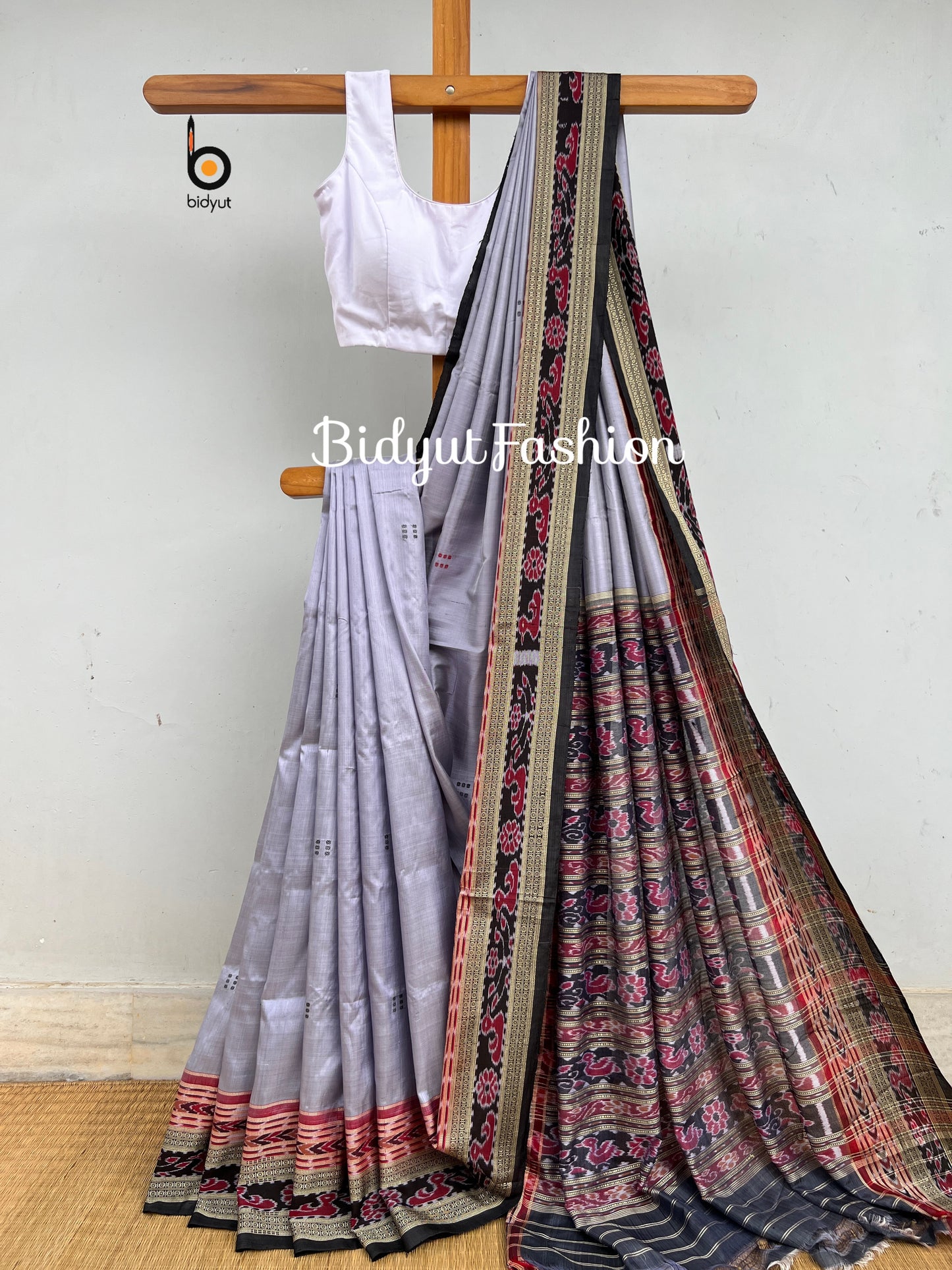 Handlooms of Odisha Nuapatna Khandua Ikat Silk Saree grey color