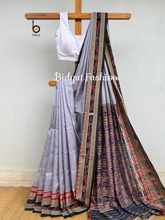 Handlooms of Odisha Nuapatna Khandua Ikat Silk Saree grey color