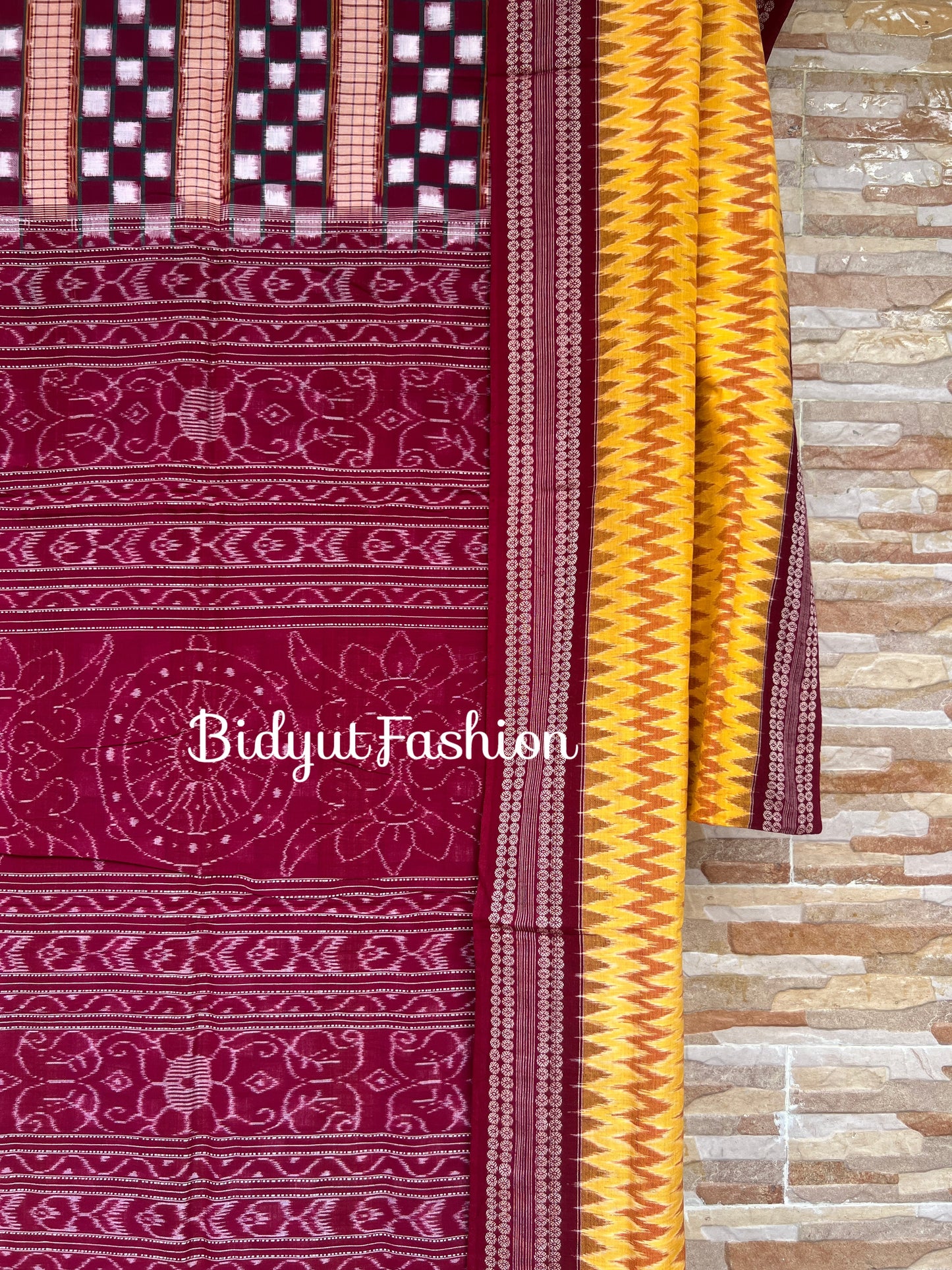 Handlooms of Odisha Sambalpuri Double Ikat Passapalli Cotton Saree Yellow Maroon color
