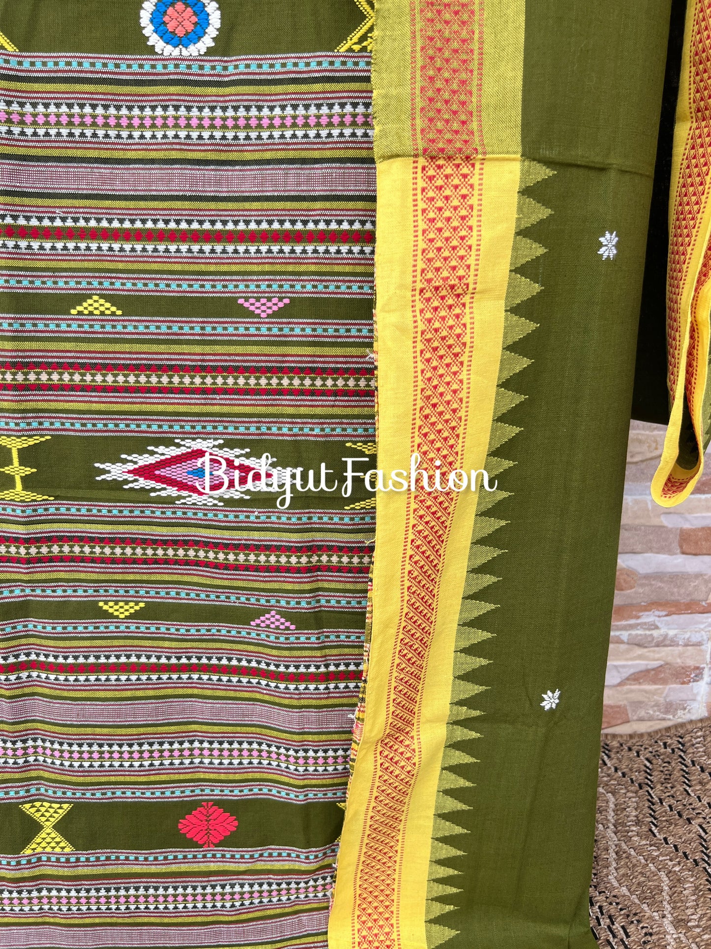 Handlooms of Odisha Ganjam Bomkai Cotton Saree Olive green color