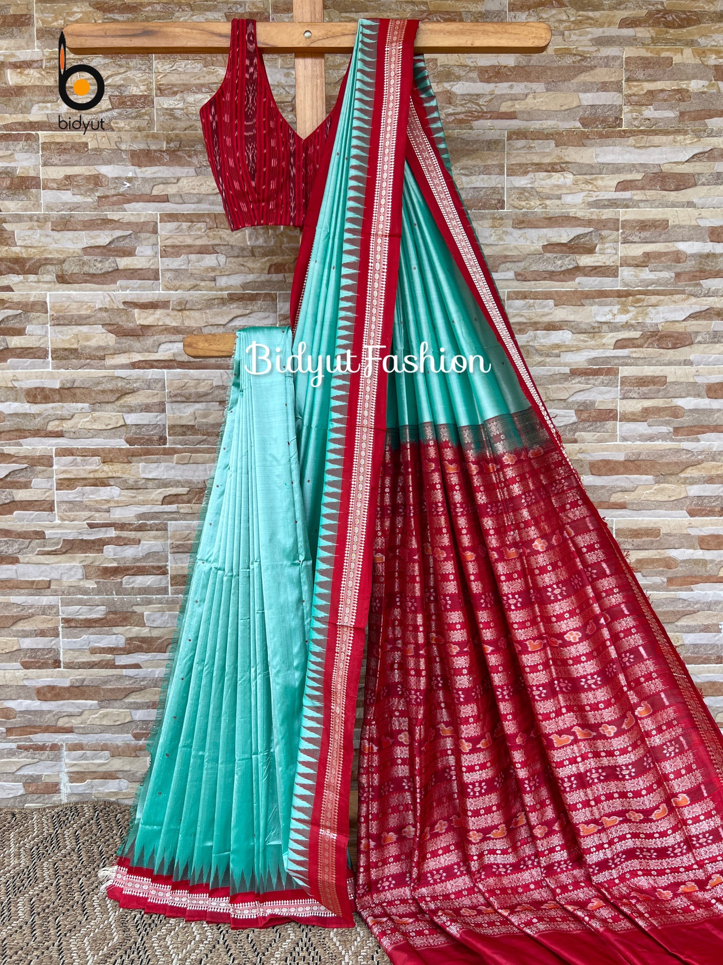 Sambalpuri Silk Saree | Ek Phulia Ikat | Aqua & Red | Handwoven Odisha