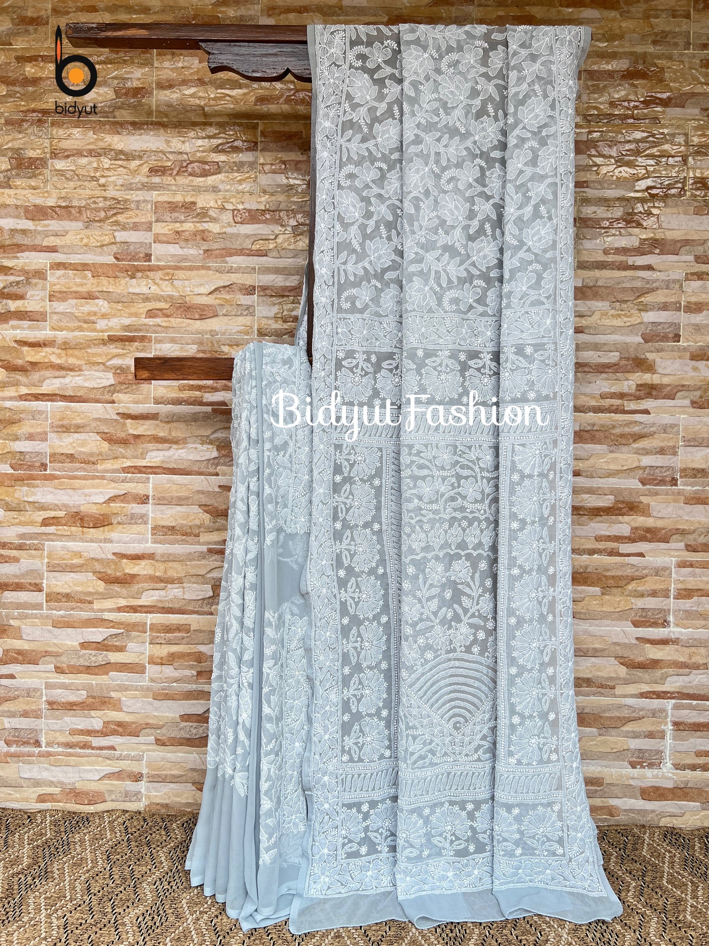 Lucknowi Chikankari all over work hand embroidery georgette Saree grey color