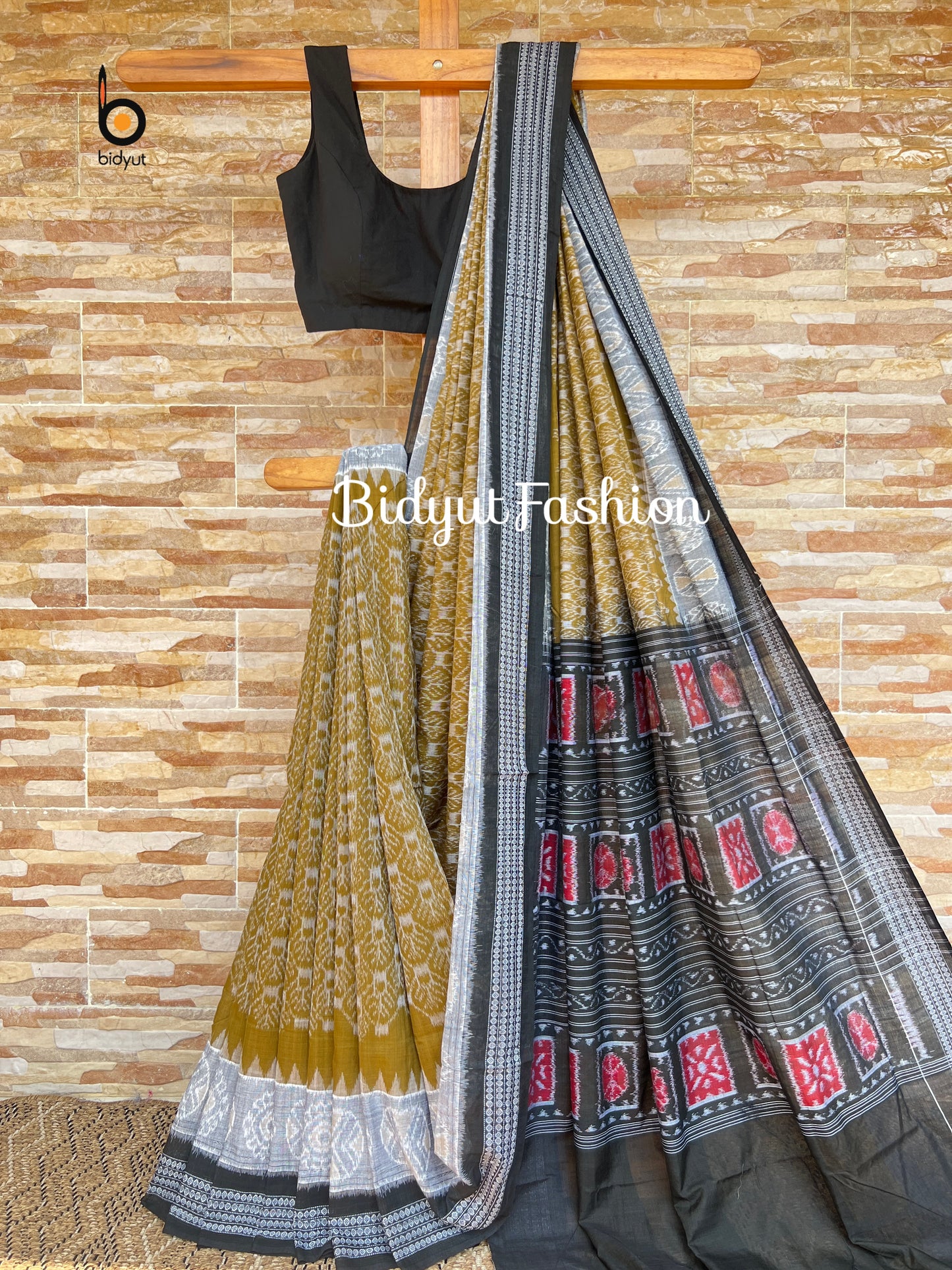 Handlooms of Odisha Sambalpuri Ikat Cotton Saree Olive Green Color