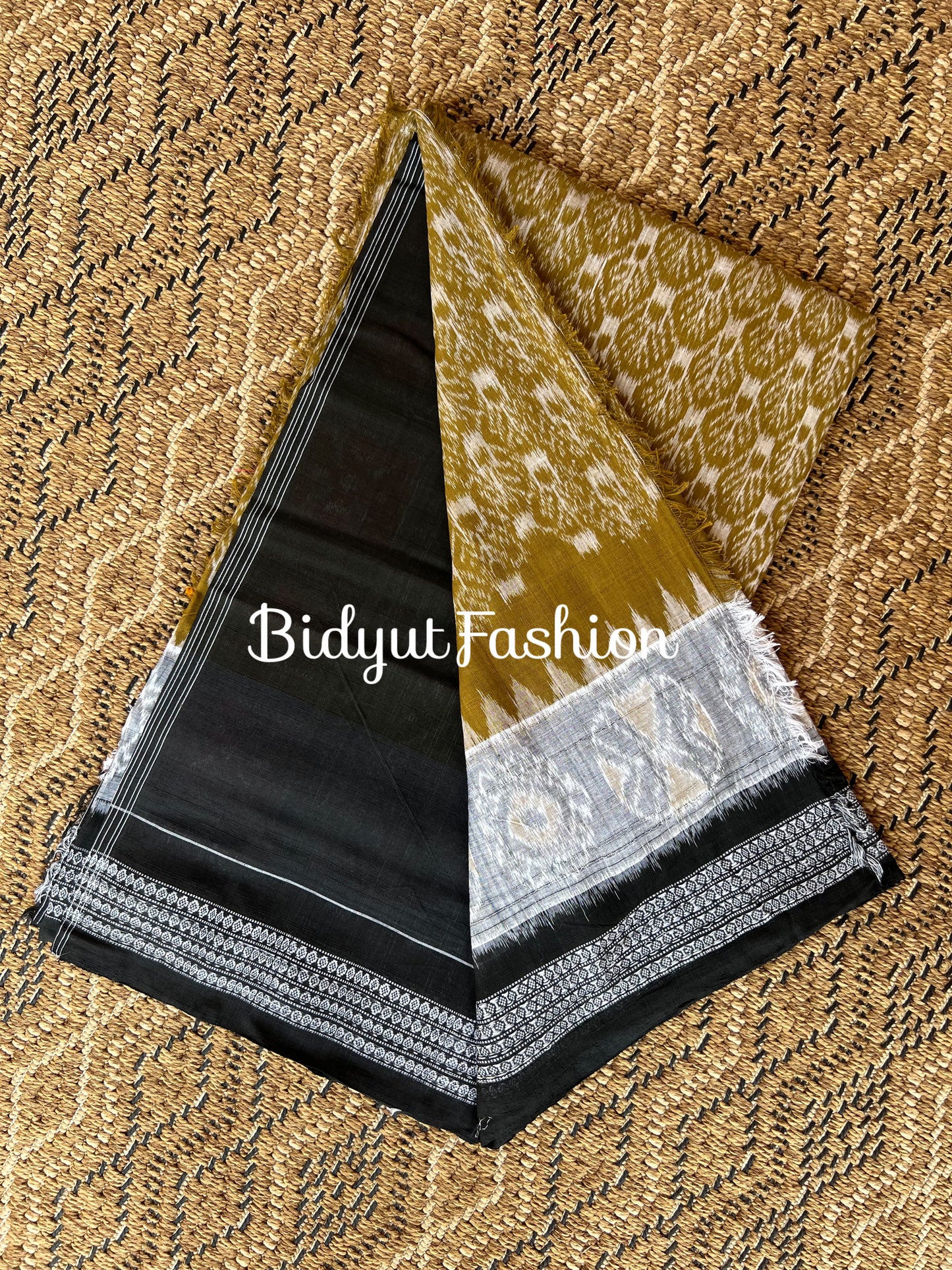 Handlooms of Odisha Sambalpuri Ikat Cotton Saree Olive Green Color