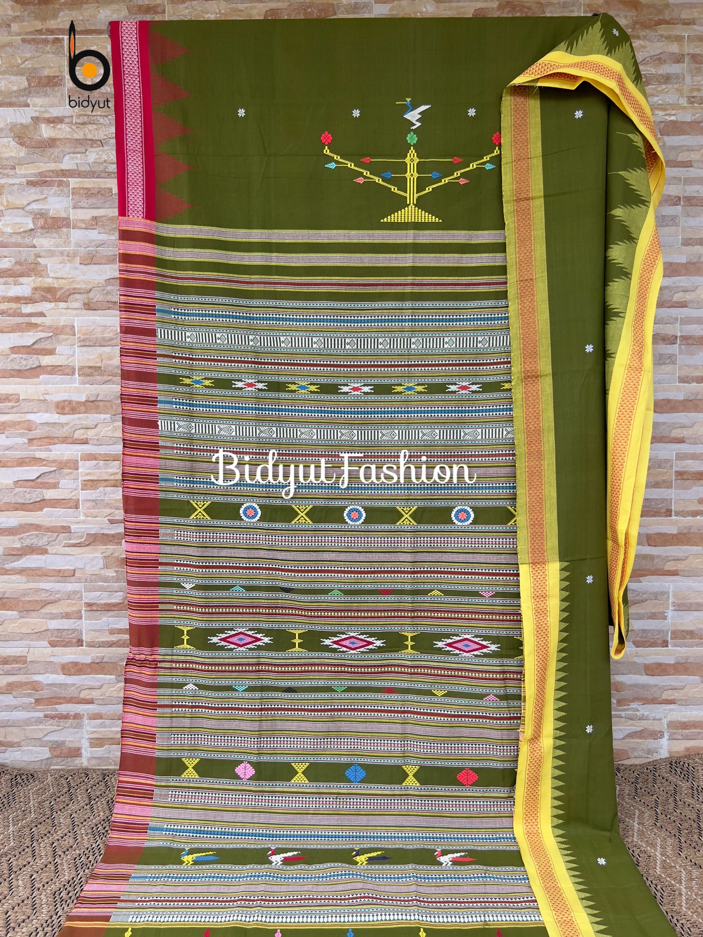 Handlooms of Odisha Ganjam Bomkai Cotton Saree Olive green color