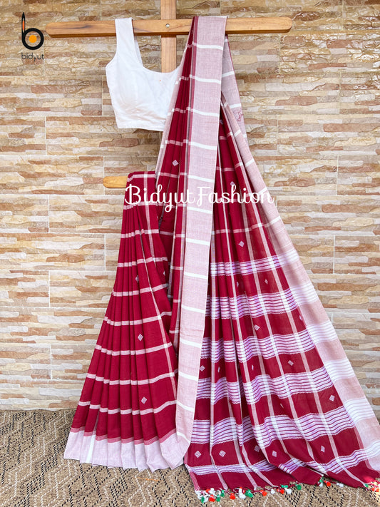 Handlooms of Odisha Santhal Tribal Cotton Sarees Burgundy color