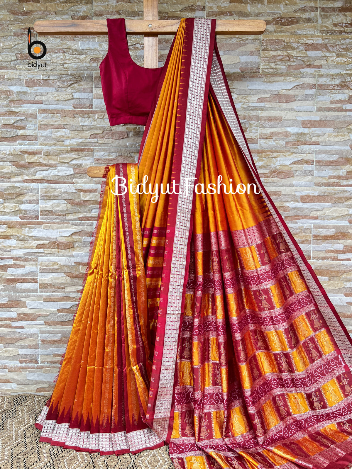 Handlooms of Odisha Sambalpuri Bomkai Silk Saree Rust Orange color