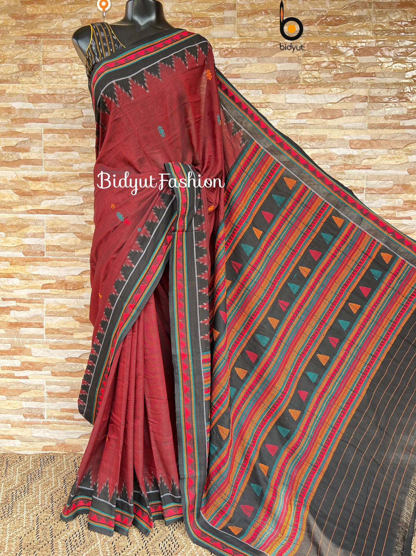 Handlooms of Odisha Dongria Design Cotton Saree - Burgundy color saree