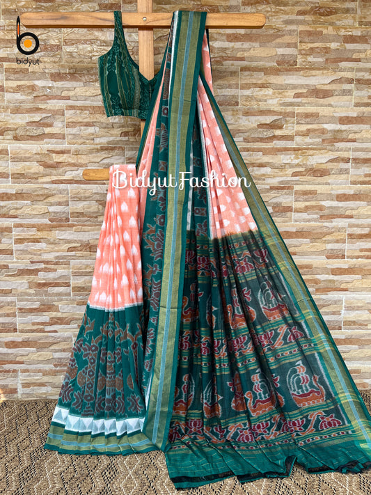 Odisha handloom Nuapatna Maniabandha Ikat Cotton Saree Peach color