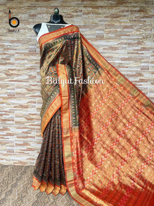 Handlooms of Odisha Sambalpuri Ikat Tissue Silk Saree Olive Green with Rust Orange color