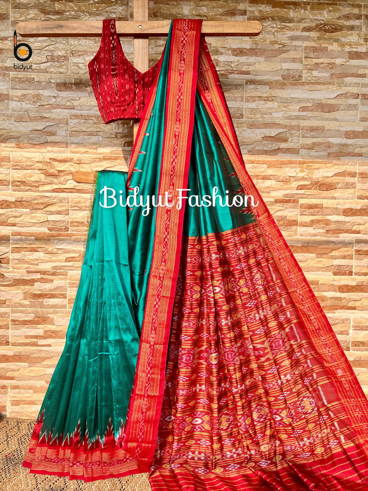 Handlooms of Odisha Nuapatna Khandua Ikat Silk Saree Rama Green Color