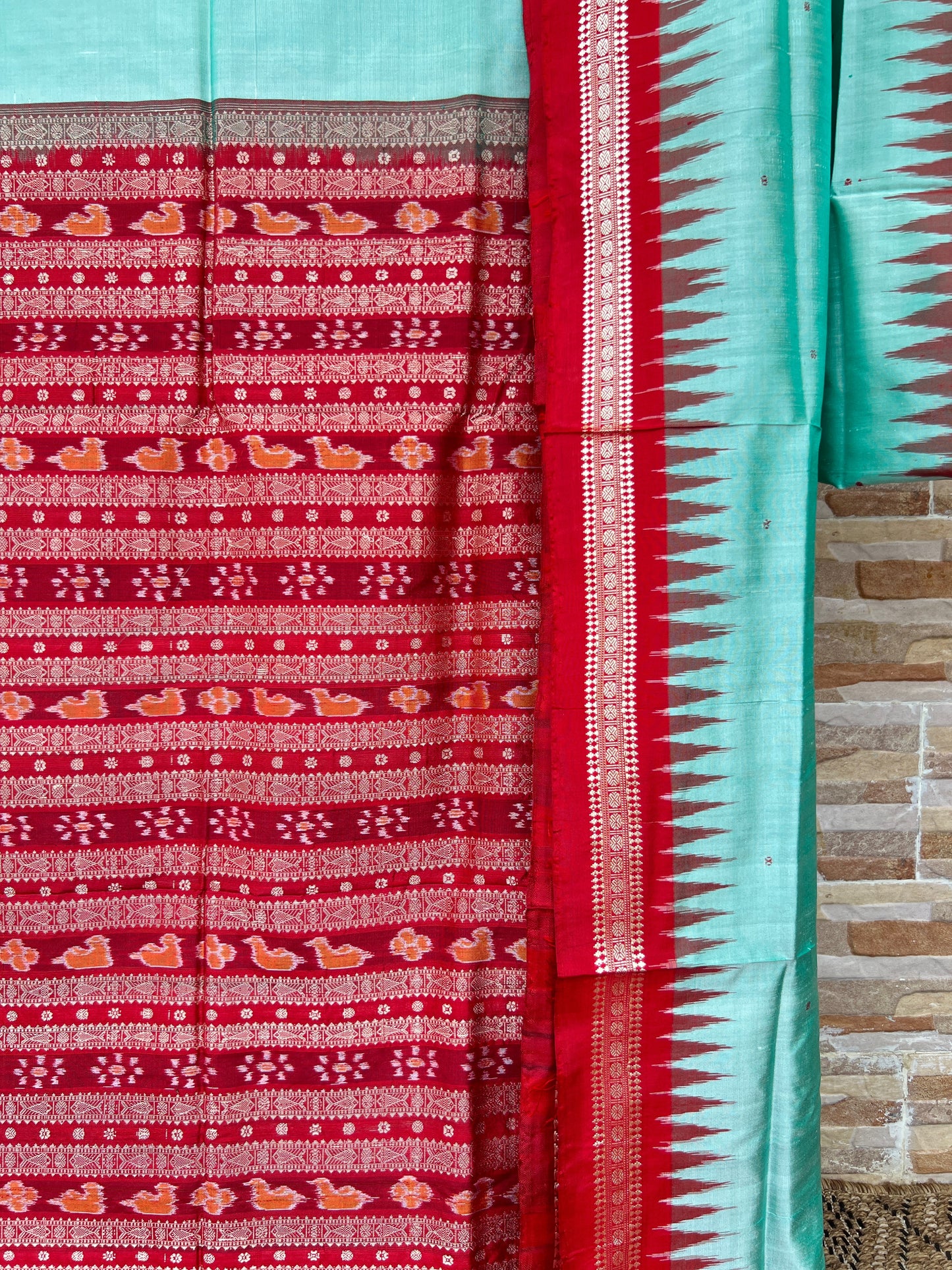Sambalpuri Silk Saree | Ek Phulia Ikat | Aqua & Red | Handwoven Odisha