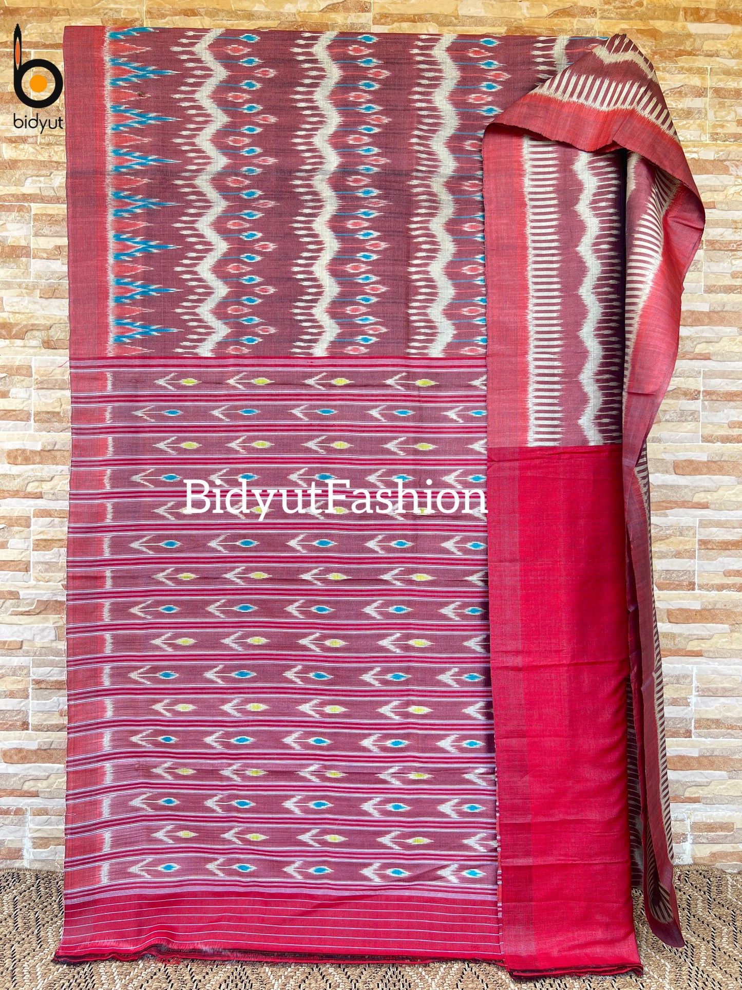 Handlooms of Odisha Gopalpur Ikat Tussar Silk Saree Red color base