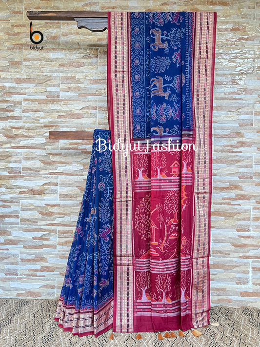 Handlooms of Odisha Sambalpuri Ikat Wild Tapestry Vana Chitta Aranya motif cotton saree Blue color
