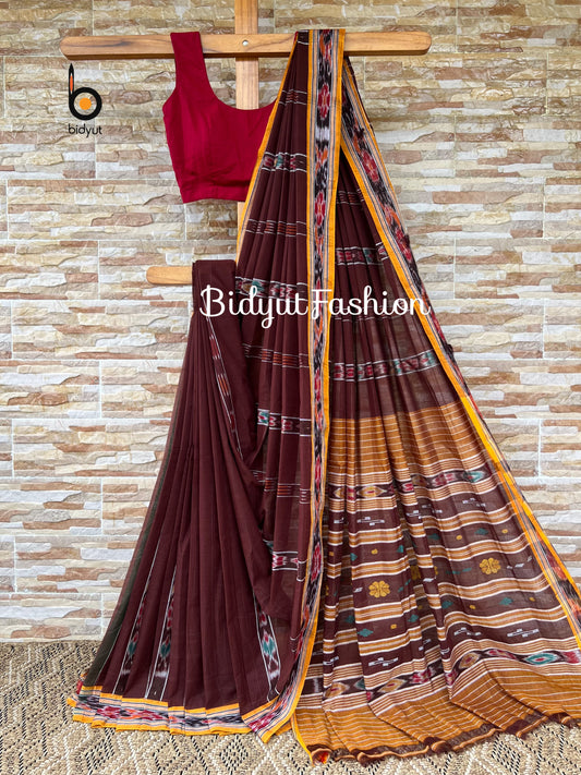 Handlooms of Odisha Jagatsinghpur Suta Ikat Cotton Saree Maroon color