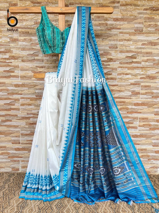 Handlooms of Odisha Nuapatna Khandua Ikat Silk Saree White color