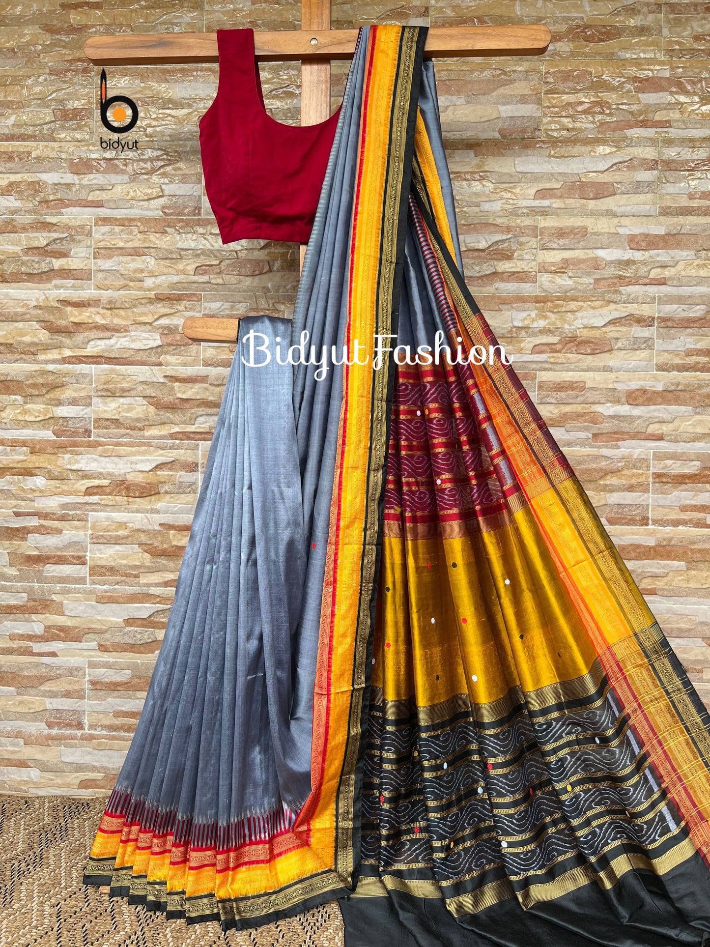 Handlooms of Odisha Nuapatna Kathiphera Ikat Silk Saree Grey Color