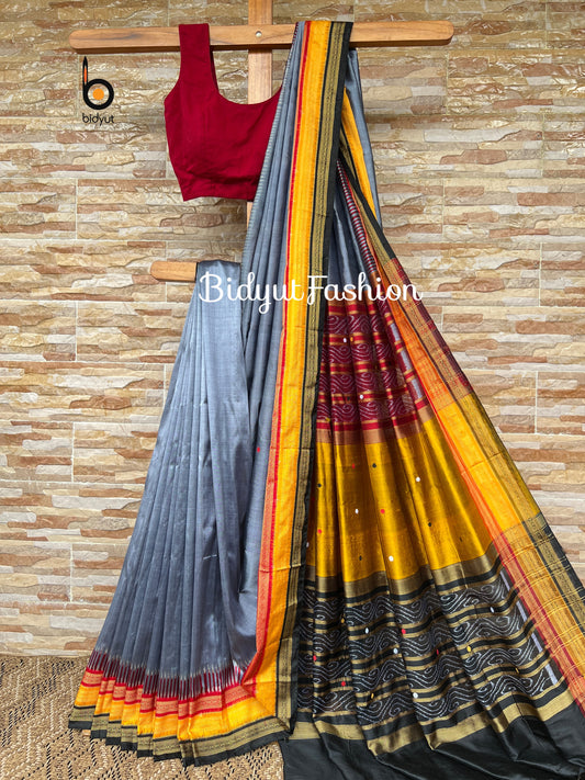 Handlooms of Odisha Nuapatna Kathiphera Ikat Silk Saree Grey Color