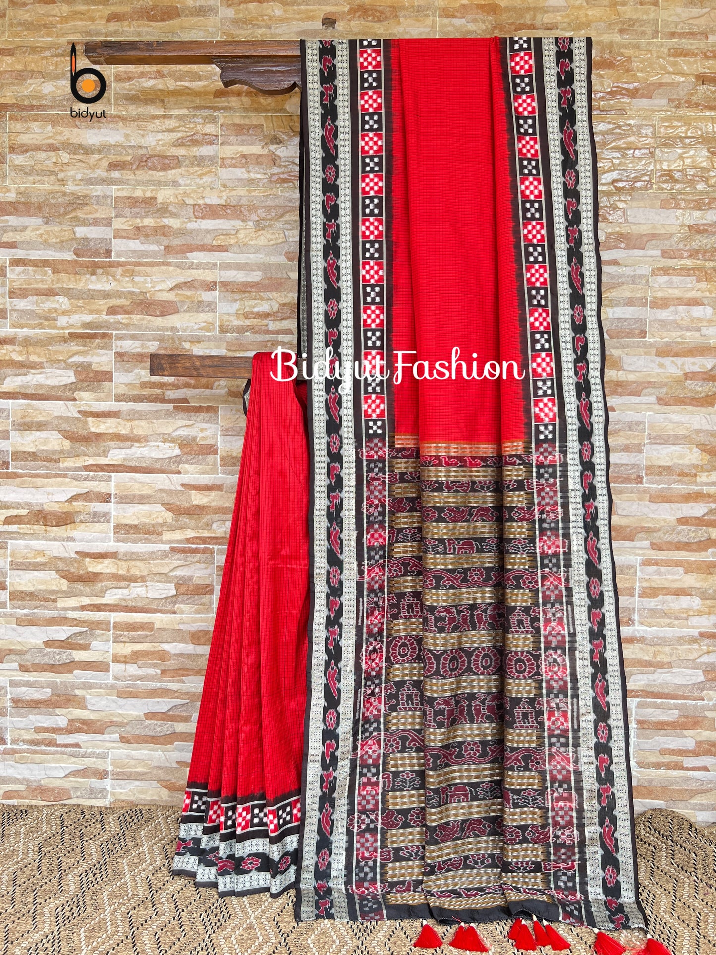Handlooms of Odisha Sambalpuri Double Ikat border check body Silk Saree red color