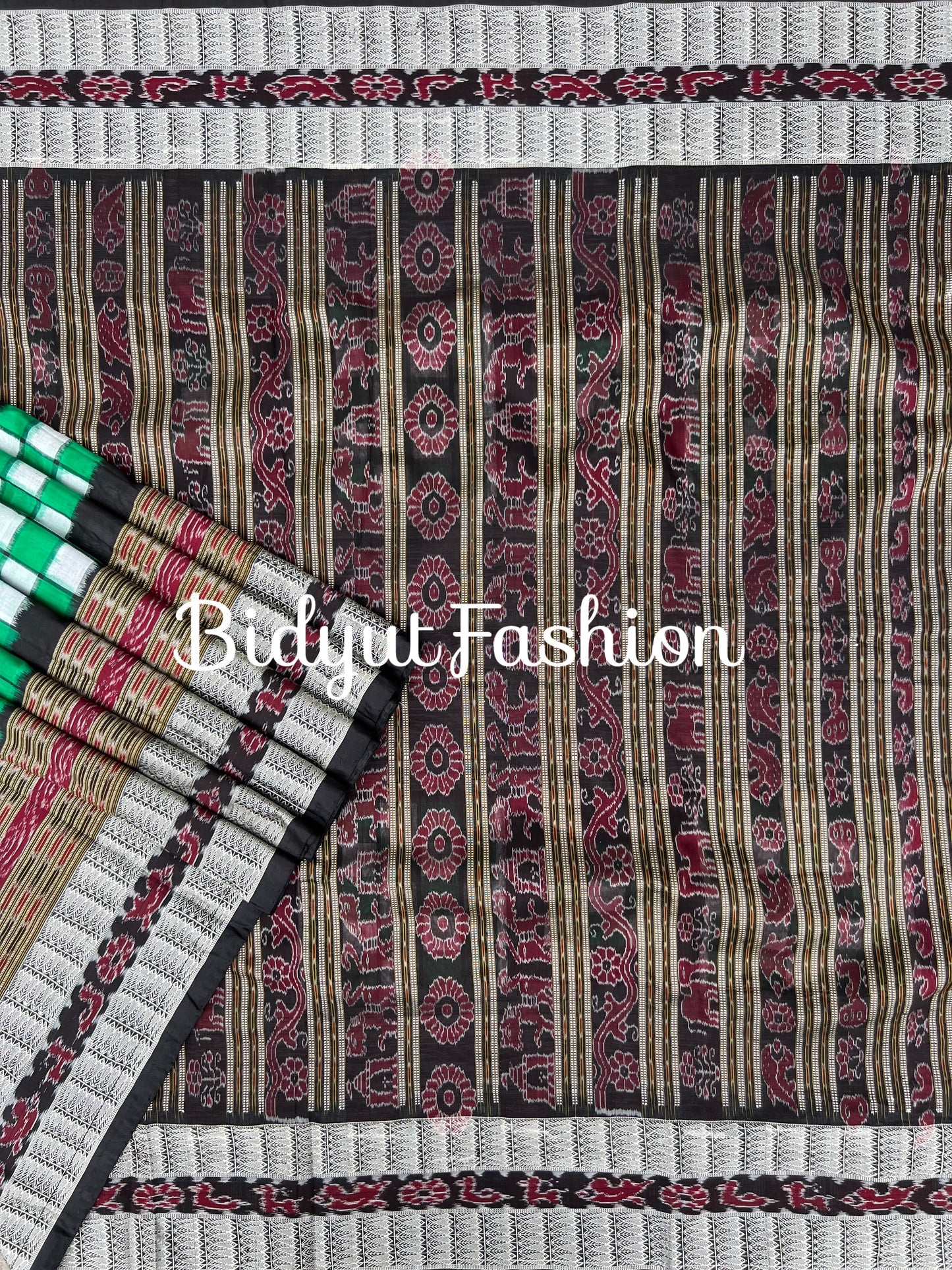 Handlooms of Odisha Sambalpuri Double Ikat Bichitrapuri Silk Saree Green color