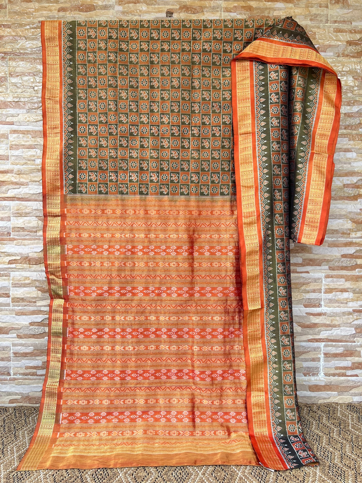 Handlooms of Odisha Sambalpuri Ikat Tissue Silk Saree Olive Green with Rust Orange color