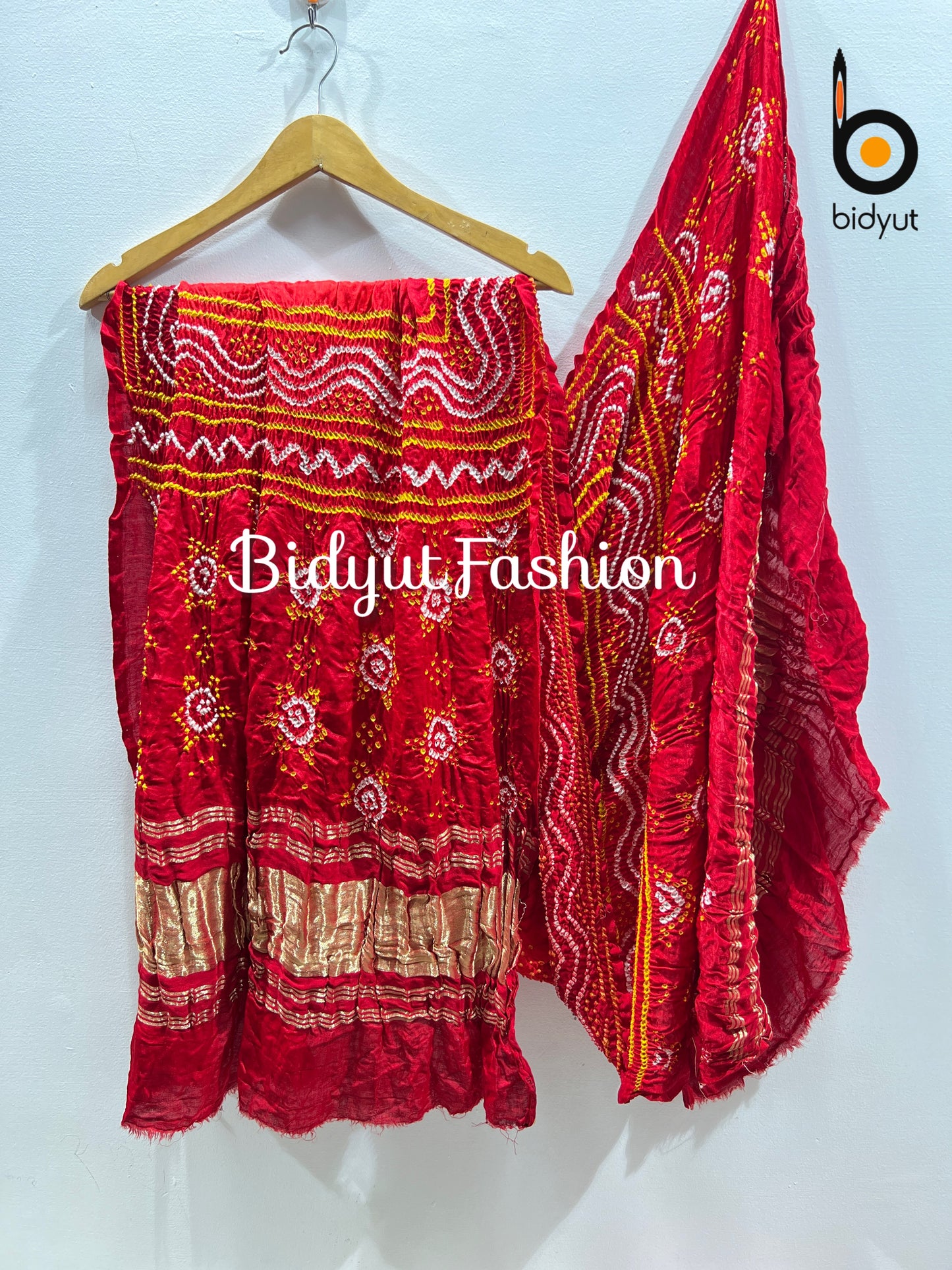 Bandhani Hand-Knotted Pure Gaji Silk Dupatta Orange Red Color