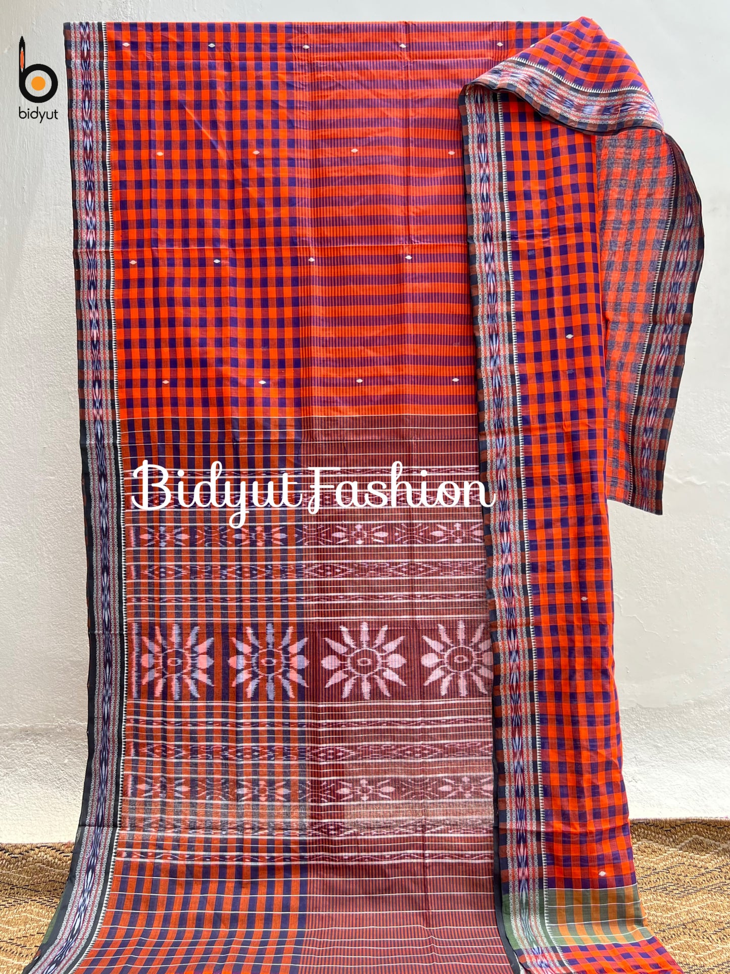 Handlooms of Odisha Jagatsinghpur Suta Ikat Cotton Saree Orange color