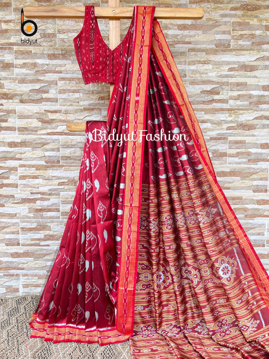 Handlooms of Odisha Nuapatna Khandua Ikat Silk Saree Red Color