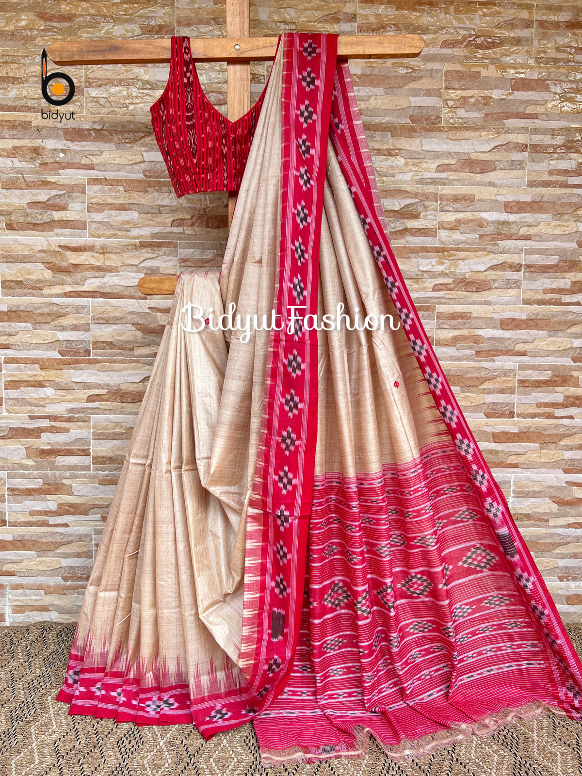 Handlooms of Odisha Gopalpur Ikat Tussar Silk Saree Beige Red color